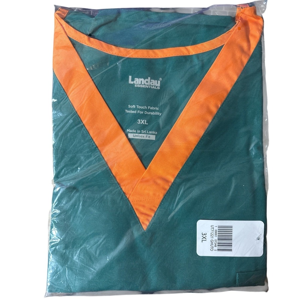 Landau Essentials Scrub Top Unisex 3XL Green w/ Orange V-Neck UT71221 Pocket NWT